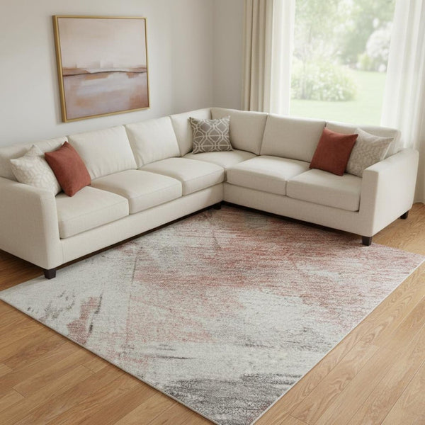 HomeRoots 8' X 10' Stylish Coral Gray Ivory Area Rug - Washable, UV-Protected, Durable & Family-Friendly Design! 697162