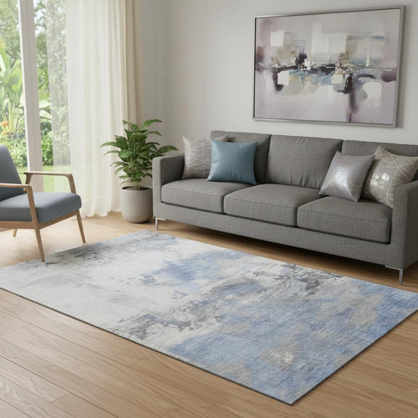 HomeRoots 5' X 8' Denim Blue, Gray & Ivory Abstract Area Rug - Stylish, Washable, UV-Protected for High-Traffic Spaces 697166