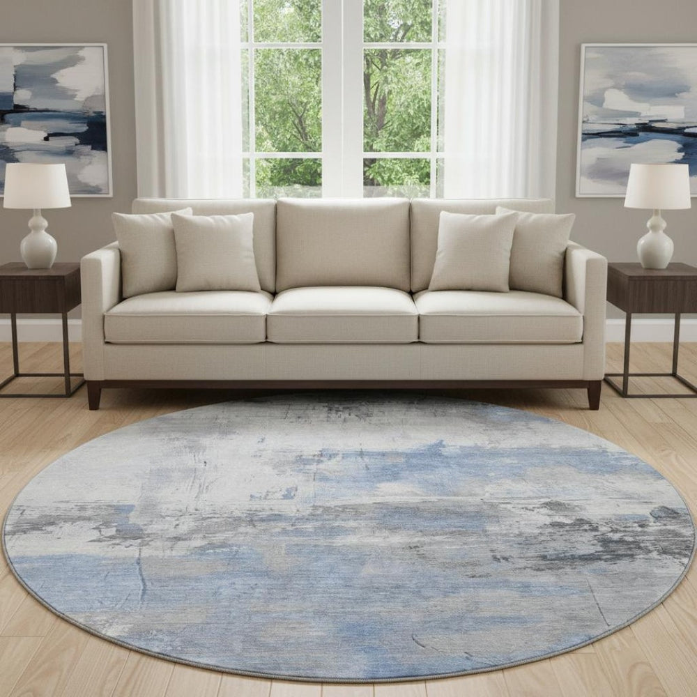 HomeRoots 8' Denim Blue Gray Abstract Washable Round Rug with UV Protection - Durable, Stylish & Stain Resistant! 697167