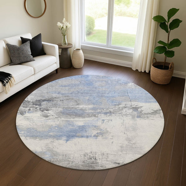 HomeRoots 8' Denim Blue Gray Abstract Washable Round Rug with UV Protection - Durable, Stylish & Stain Resistant! 697167