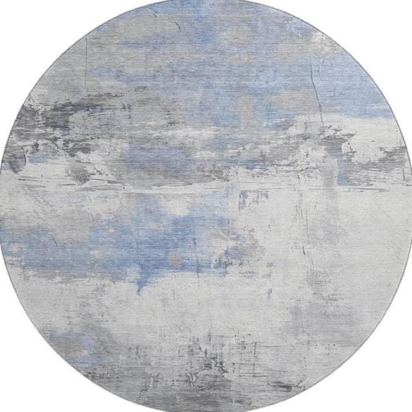 HomeRoots 8' Denim Blue Gray Abstract Washable Round Rug with UV Protection - Durable, Stylish & Stain Resistant! 697167