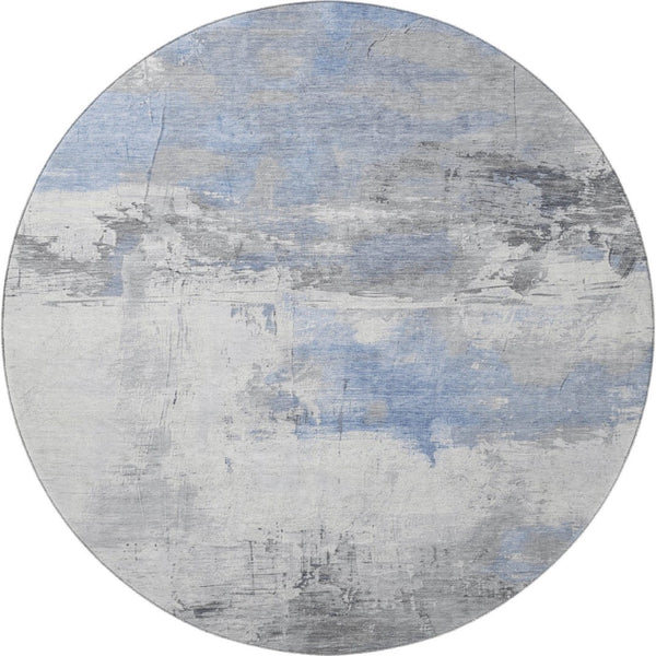 HomeRoots 8' Denim Blue Gray Abstract Washable Round Rug with UV Protection - Durable, Stylish & Stain Resistant! 697167
