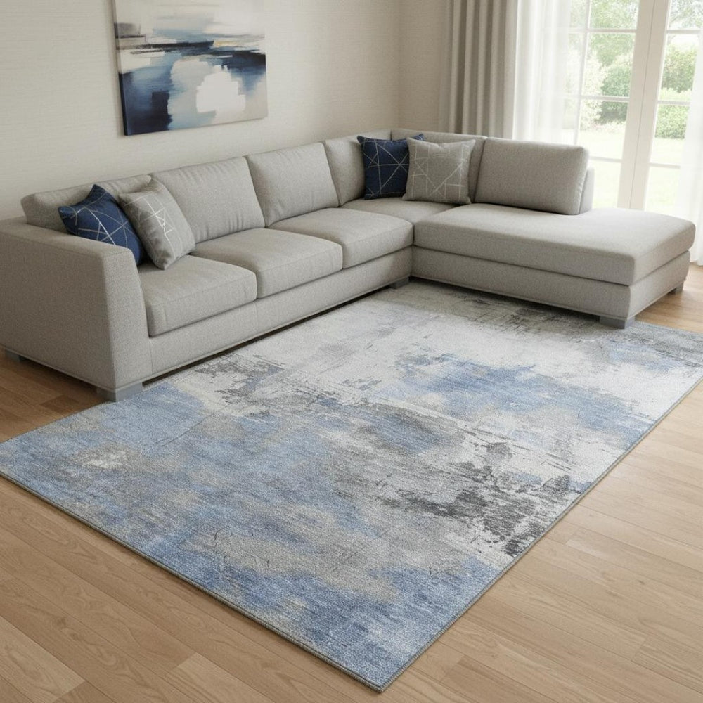 HomeRoots 8' X 10' Denim Blue, Gray & Ivory Abstract Washable Area Rug - UV Protection & Stain Resistant Design 697168