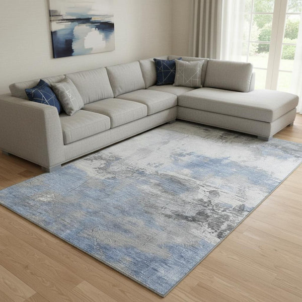 HomeRoots 8' X 10' Denim Blue, Gray & Ivory Abstract Washable Area Rug - UV Protection & Stain Resistant Design 697168
