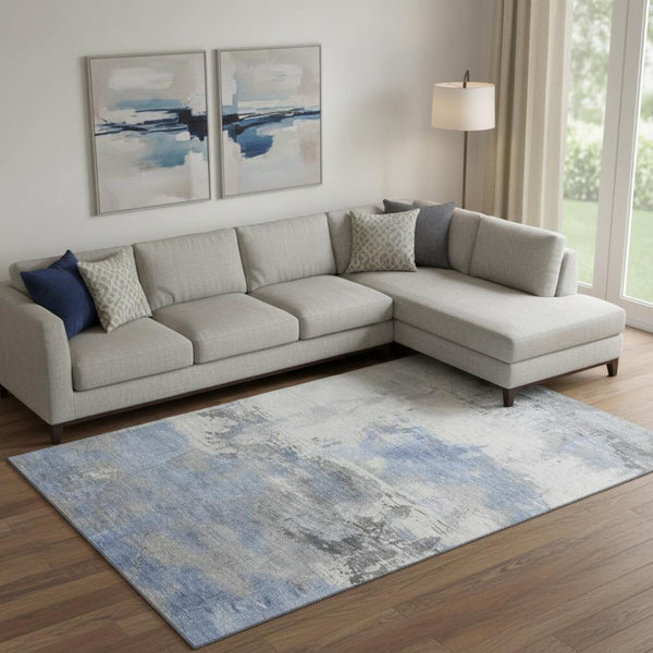 HomeRoots 9' X 12' Denim Blue Gray Ivory Abstract Washable Area Rug - Stylish, Durable & UV Protected for Homes 697169