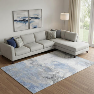 HomeRoots 10' X 14' Washable Area Rug in Denim Blue, Gray & Ivory - UV Protected, Stain Resistant & Non-Slip 697170