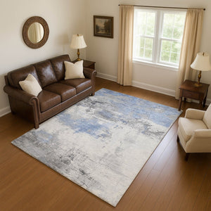 HomeRoots 10' X 14' Washable Area Rug in Denim Blue, Gray & Ivory - UV Protected, Stain Resistant & Non-Slip 697170