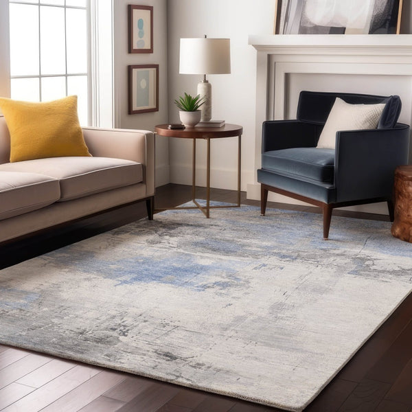 HomeRoots 10' X 14' Washable Area Rug in Denim Blue, Gray & Ivory - UV Protected, Stain Resistant & Non-Slip 697170