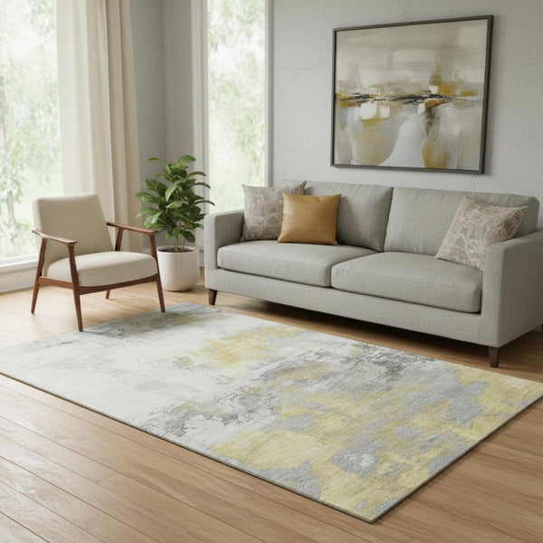 HomeRoots 5' Abstract Washable Area Rug in Gold, Gray & Ivory - UV Protected, Stain-Resistant for Modern Homes 697172