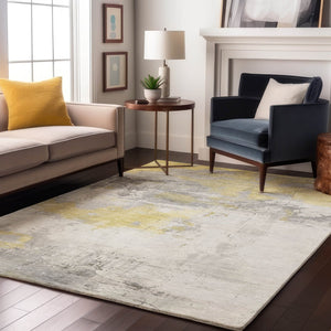 HomeRoots 5' Abstract Washable Area Rug in Gold, Gray & Ivory - UV Protected, Stain-Resistant for Modern Homes 697172
