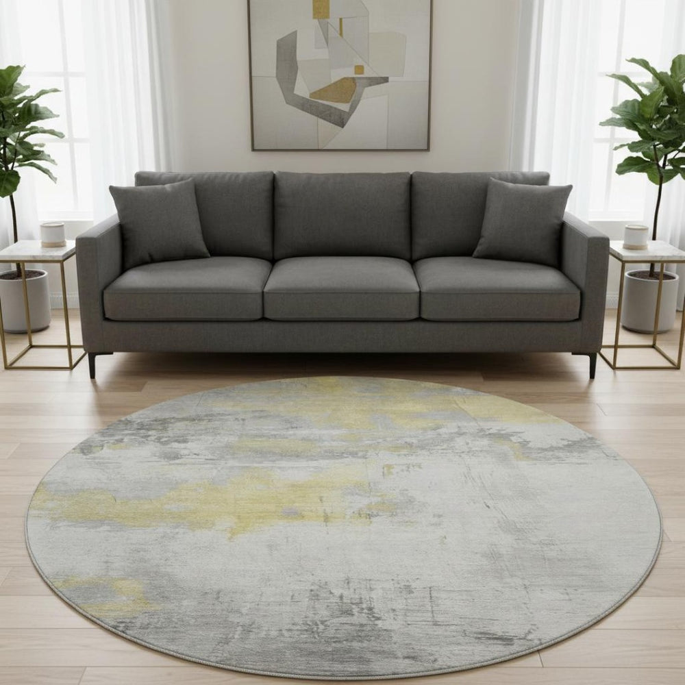 HomeRoots 8' Washable Round Rug in Gold, Gray & Ivory - Stain Resistant, UV Protected for High-Traffic Areas 697173