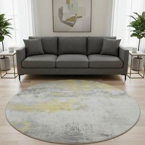 HomeRoots 8' Washable Round Rug in Gold, Gray & Ivory - Stain Resistant, UV Protected for High-Traffic Areas 697173