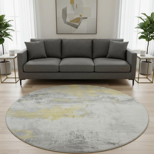 HomeRoots 8' Washable Round Rug in Gold, Gray & Ivory - Stain Resistant, UV Protected for High-Traffic Areas 697173