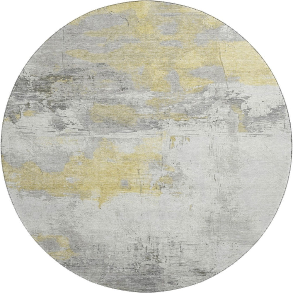 HomeRoots 8' Washable Round Rug in Gold, Gray & Ivory - Stain Resistant, UV Protected for High-Traffic Areas 697173