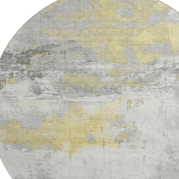 HomeRoots 8' Washable Round Rug in Gold, Gray & Ivory - Stain Resistant, UV Protected for High-Traffic Areas 697173