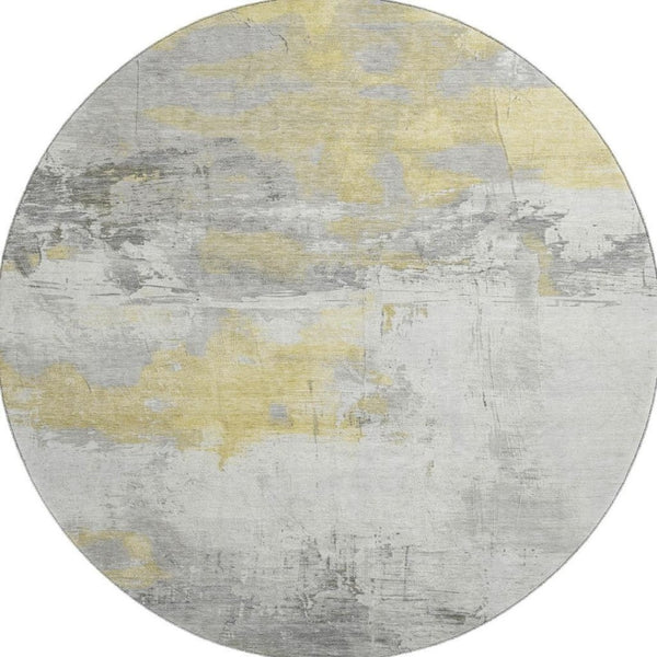 HomeRoots 8' Washable Round Rug in Gold, Gray & Ivory - Stain Resistant, UV Protected for High-Traffic Areas 697173