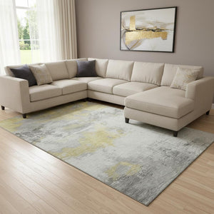 HomeRoots 8' X 10' Washable Gold Gray and Ivory Abstract Area Rug with UV Protection for Modern Homes 697174