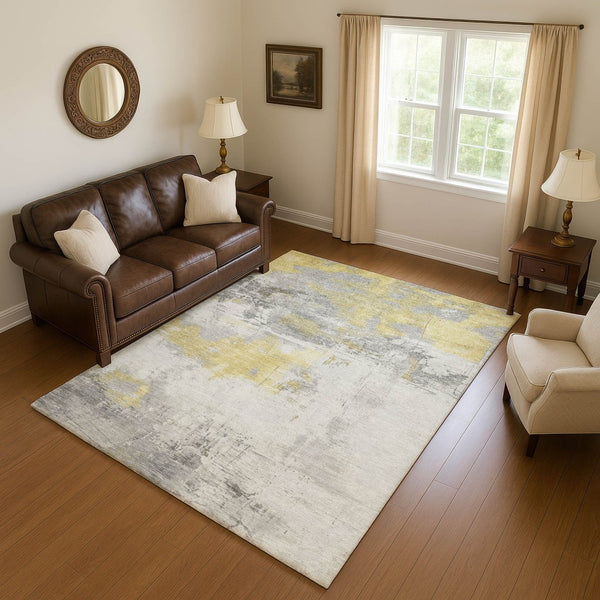 HomeRoots 8' X 10' Washable Gold Gray and Ivory Abstract Area Rug with UV Protection for Modern Homes 697174