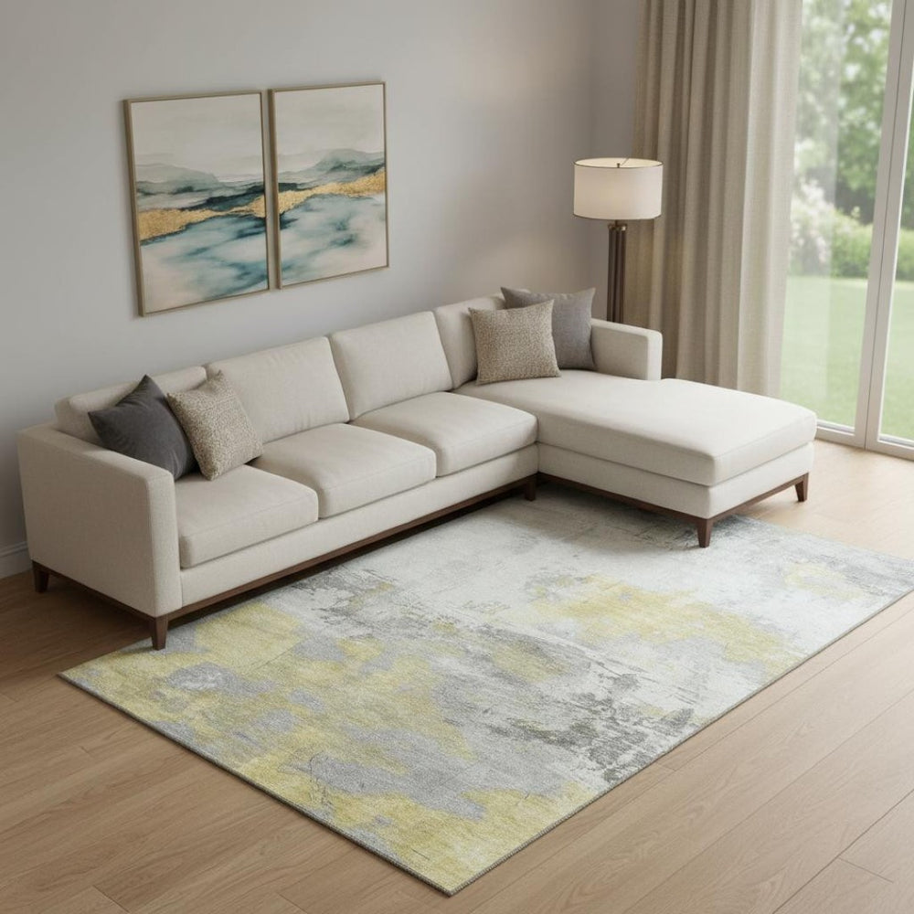HomeRoots 9' X 12' Modern Gold Gray Ivory Abstract Washable Area Rug with UV Protection for Family Spaces 697175
