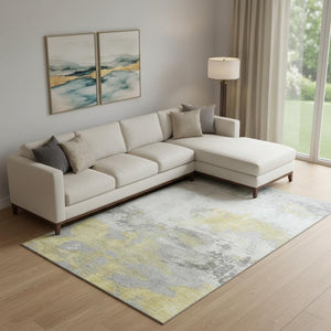 HomeRoots 9' X 12' Modern Gold Gray Ivory Abstract Washable Area Rug with UV Protection for Family Spaces 697175