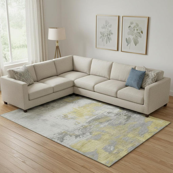 HomeRoots 10' X 14' Gold Gray Ivory Abstract Area Rug – Washable, UV Protected, Durable for Kids & Pets 697176