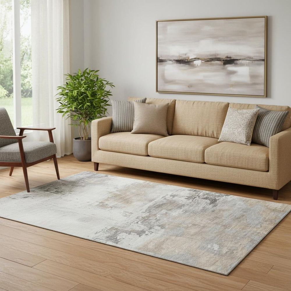 HomeRoots 5' X 8' Ivory Gray Beige Abstract Rug - Soft, Washable, Stain Resistant & UV Protected for All Spaces 697178