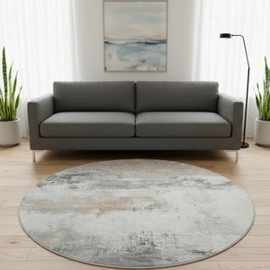 HomeRoots 8' Washable Round Rug in Ivory, Gray & Beige - Durable, Stain Resistant, UV Protected for Any Space 697179