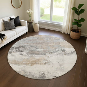 HomeRoots 8' Washable Round Rug in Ivory, Gray & Beige - Durable, Stain Resistant, UV Protected for Any Space 697179