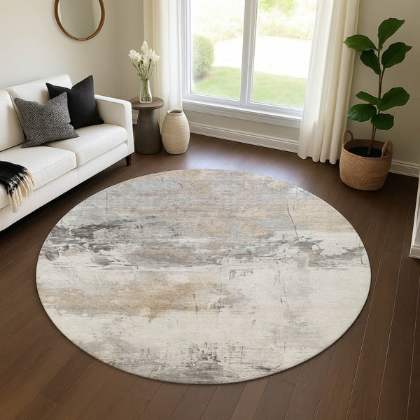 HomeRoots 8' Washable Round Rug in Ivory, Gray & Beige - Durable, Stain Resistant, UV Protected for Any Space 697179