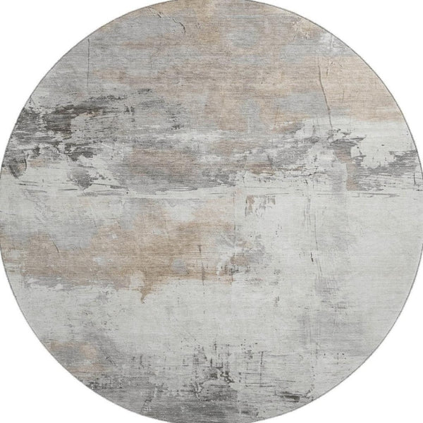 HomeRoots 8' Washable Round Rug in Ivory, Gray & Beige - Durable, Stain Resistant, UV Protected for Any Space 697179