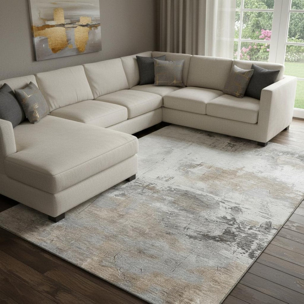 HomeRoots 8' X 10' Abstract Ivory Gray Beige Area Rug - Washable, UV Protected, Perfect for High-Traffic Homes 697180