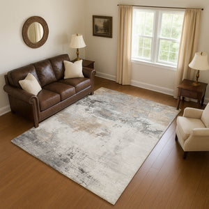 HomeRoots 9' X 12' Elegant Ivory Gray Beige Abstract Washable Area Rug with UV Protection & Stain Resistance 697181