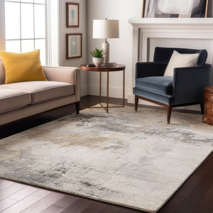 HomeRoots 9' X 12' Elegant Ivory Gray Beige Abstract Washable Area Rug with UV Protection & Stain Resistance 697181