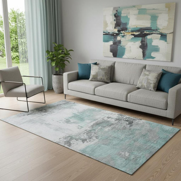 HomeRoots 5' X 8' Teal Gray Ivory Abstract Area Rug - Washable, UV-Protected, Stylish & Durable for Homes 697184