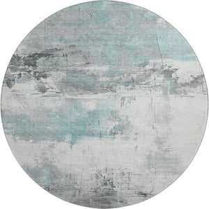 HomeRoots 8' Teal Gray Ivory Abstract Washable Round Rug - Durable, UV Protected, Perfect for Modern Spaces! 697185