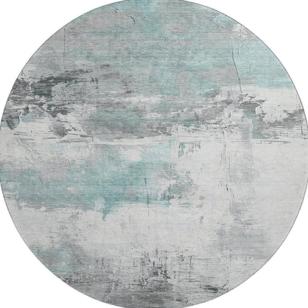 HomeRoots 8' Teal Gray Ivory Abstract Washable Round Rug - Durable, UV Protected, Perfect for Modern Spaces! 697185