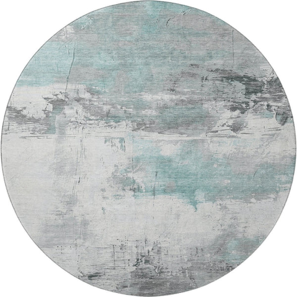 HomeRoots 8' Teal Gray Ivory Abstract Washable Round Rug - Durable, UV Protected, Perfect for Modern Spaces! 697185
