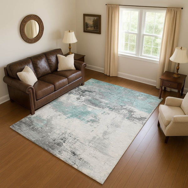 HomeRoots 8' X 10' Teal Gray Ivory Abstract Area Rug - Washable, UV Resistant, Durable for Family Spaces 697186