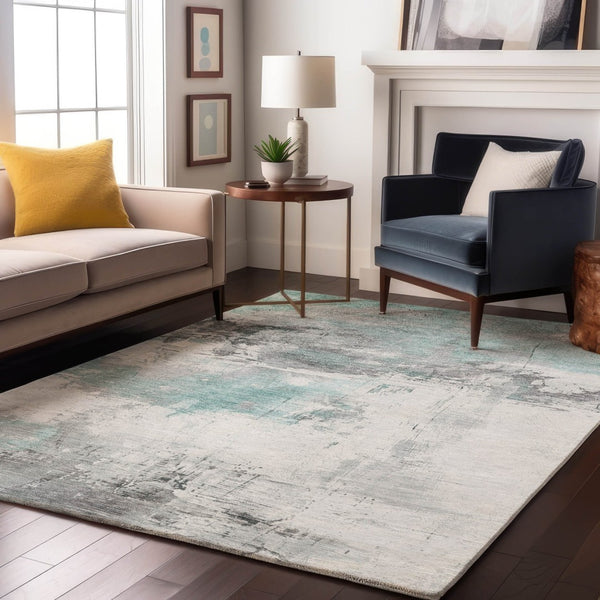 HomeRoots 8' X 10' Teal Gray Ivory Abstract Area Rug - Washable, UV Resistant, Durable for Family Spaces 697186
