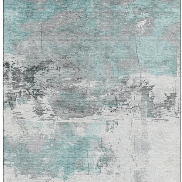 HomeRoots 8' X 10' Teal Gray Ivory Abstract Area Rug - Washable, UV Resistant, Durable for Family Spaces 697186