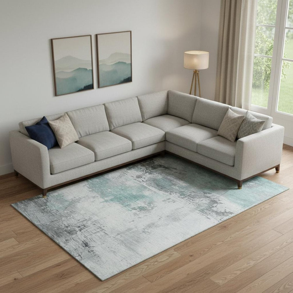 HomeRoots 9' X 12' Teal Gray Ivory Abstract Area Rug – Washable, UV Protection, Durable for High-Traffic Rooms 697187