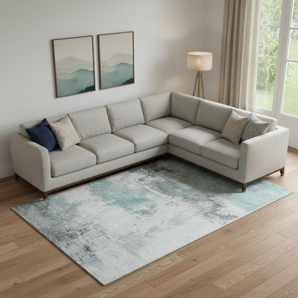 HomeRoots 9' X 12' Teal Gray Ivory Abstract Area Rug – Washable, UV Protection, Durable for High-Traffic Rooms 697187
