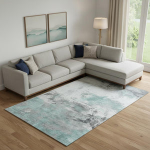 HomeRoots 10' Teal Gray and Ivory Abstract Area Rug - Washable, UV Protected, Durable for Kids & Pets 697188