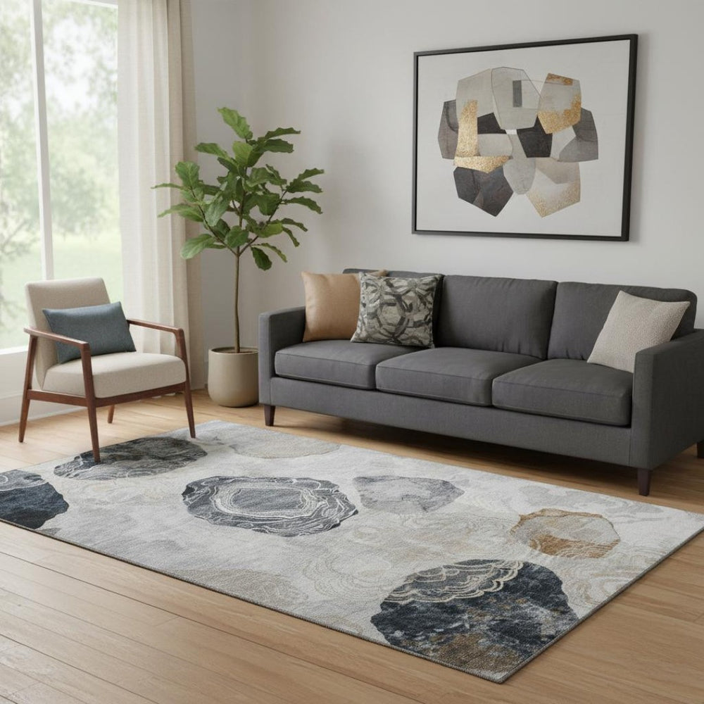 HomeRoots 5' X 8' Stylish Gray Charcoal & Beige Geometric Washable Area Rug with UV Protection & Non-Slip Backing 697190