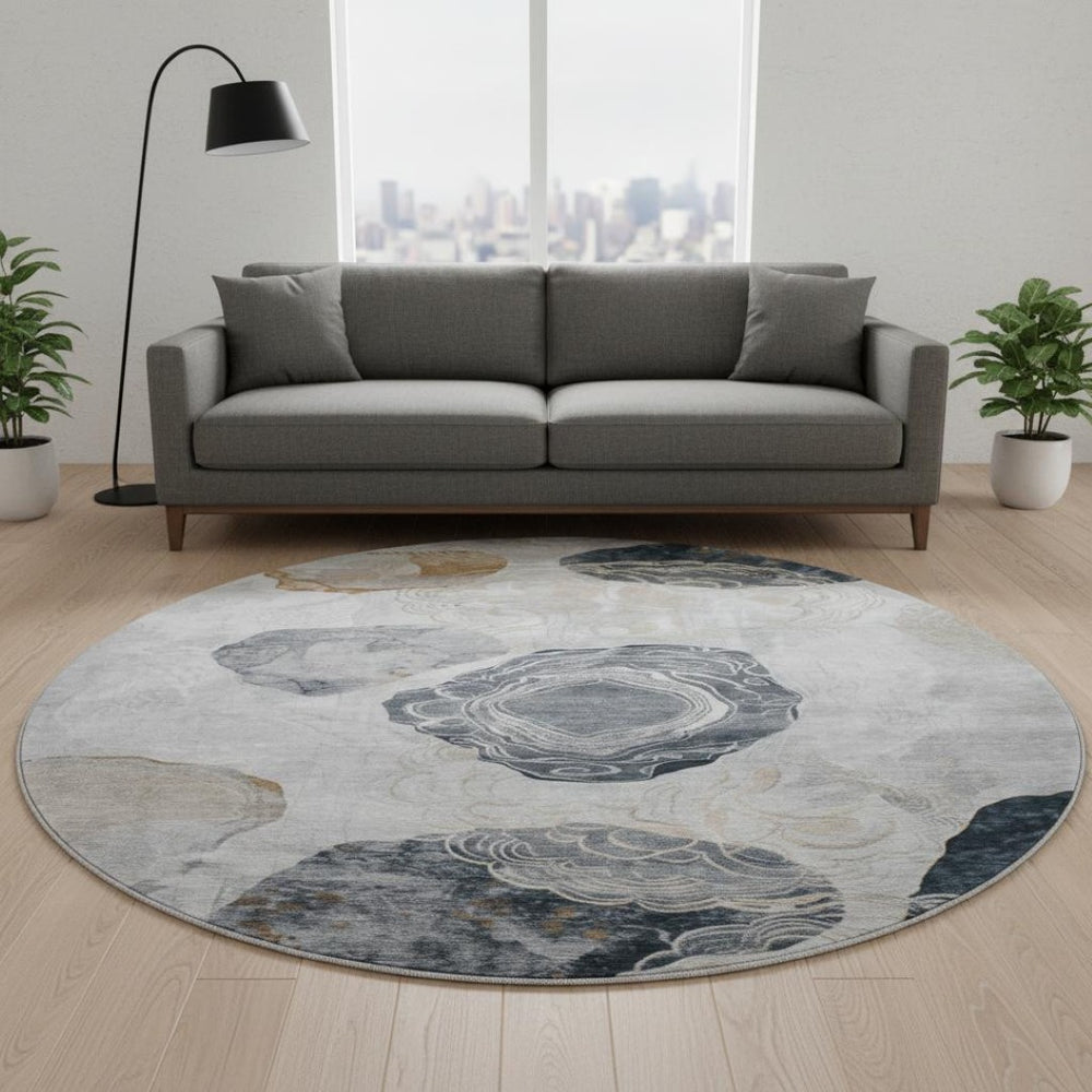 HomeRoots 8' Gray Charcoal and Beige Geometric Round Rug - Washable, UV Protected, Non-Slip for High-Traffic Areas 697191