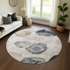 HomeRoots 8' Gray Charcoal and Beige Geometric Round Rug - Washable, UV Protected, Non-Slip for High-Traffic Areas 697191