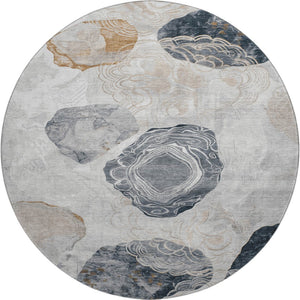 HomeRoots 8' Gray Charcoal and Beige Geometric Round Rug - Washable, UV Protected, Non-Slip for High-Traffic Areas 697191