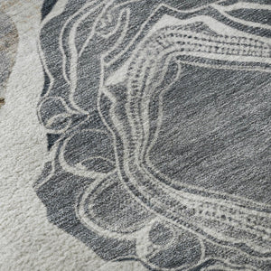 HomeRoots 8' Gray Charcoal and Beige Geometric Round Rug - Washable, UV Protected, Non-Slip for High-Traffic Areas 697191
