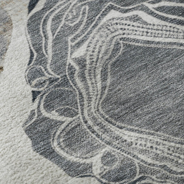 HomeRoots 8' Gray Charcoal and Beige Geometric Round Rug - Washable, UV Protected, Non-Slip for High-Traffic Areas 697191