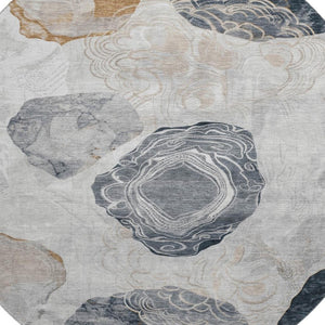 HomeRoots 8' Gray Charcoal and Beige Geometric Round Rug - Washable, UV Protected, Non-Slip for High-Traffic Areas 697191
